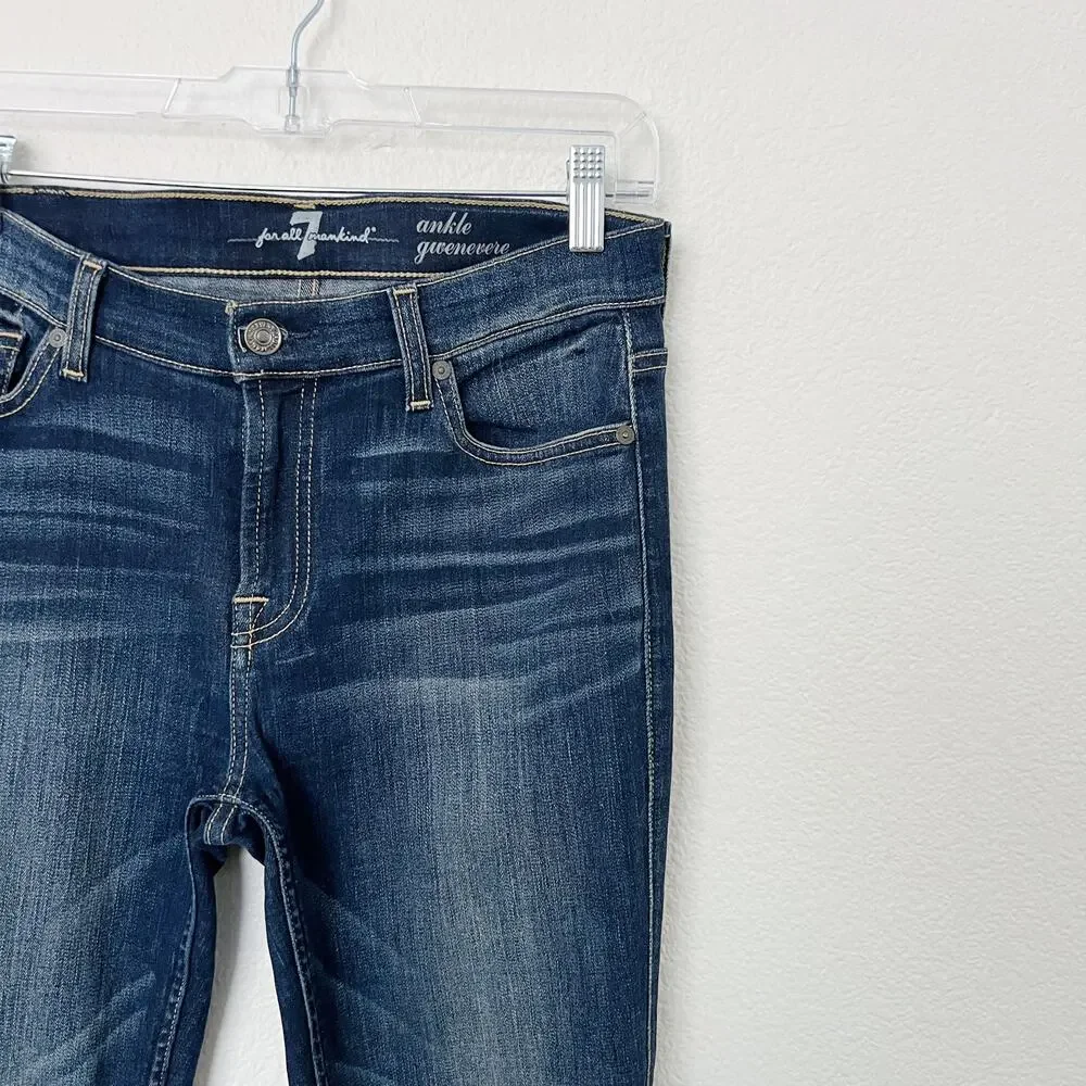 [7 For All Mankind] Gwenevere Dark Wash Mid Rise Ripped Knee Skinny Jeans Sz 29
